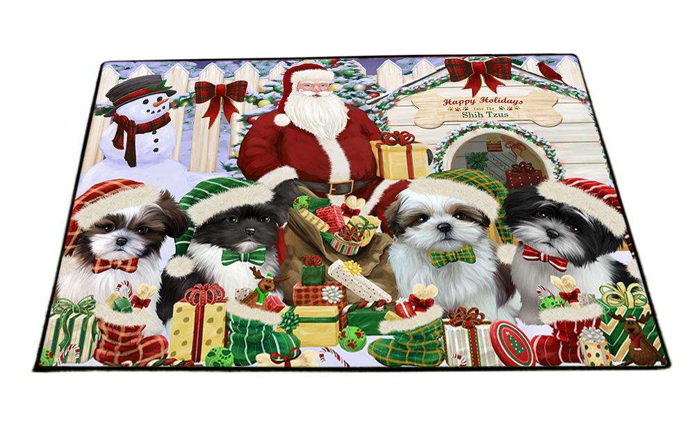 Happy Holidays Christmas Shih Tzus Dog House Gathering Floormat FLMS51156
