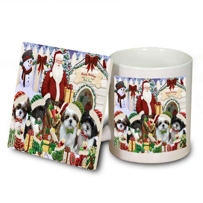 Happy Holidays Christmas Shih Tzus Dog House Gathering Mug and Coaster Set MUC51459