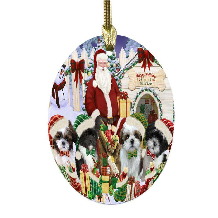 Happy Holidays Christmas Shih Tzus Dog House Gathering Oval Glass Christmas Ornament OGOR49728
