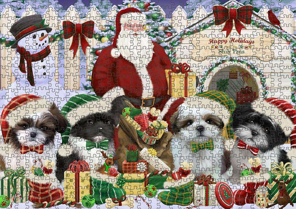 Happy Holidays Christmas Shih Tzus Dog House Gathering Puzzle with Photo Tin PUZL58488
