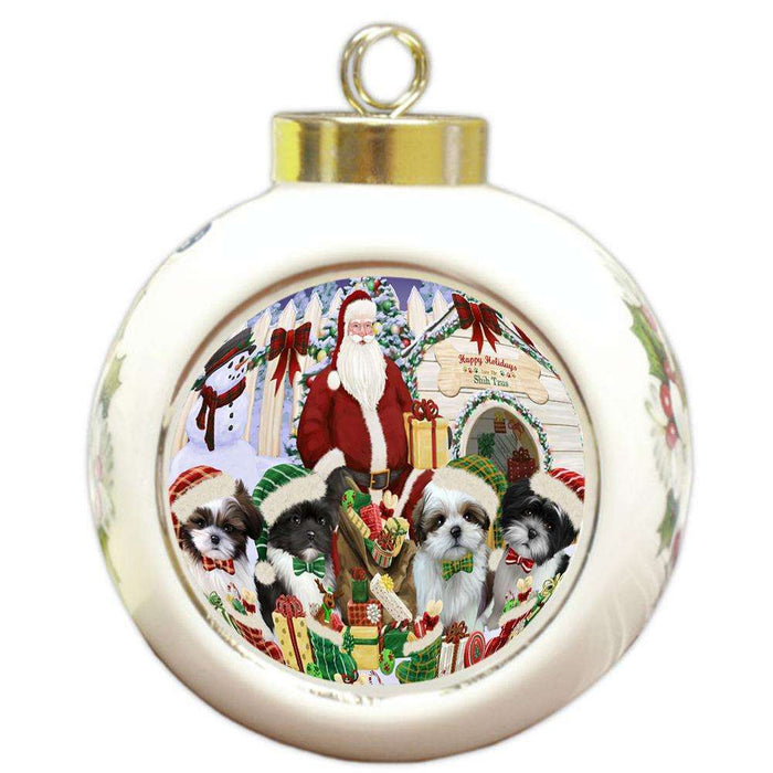Happy Holidays Christmas Shih Tzus Dog House Gathering Round Ball Christmas Ornament RBPOR51467