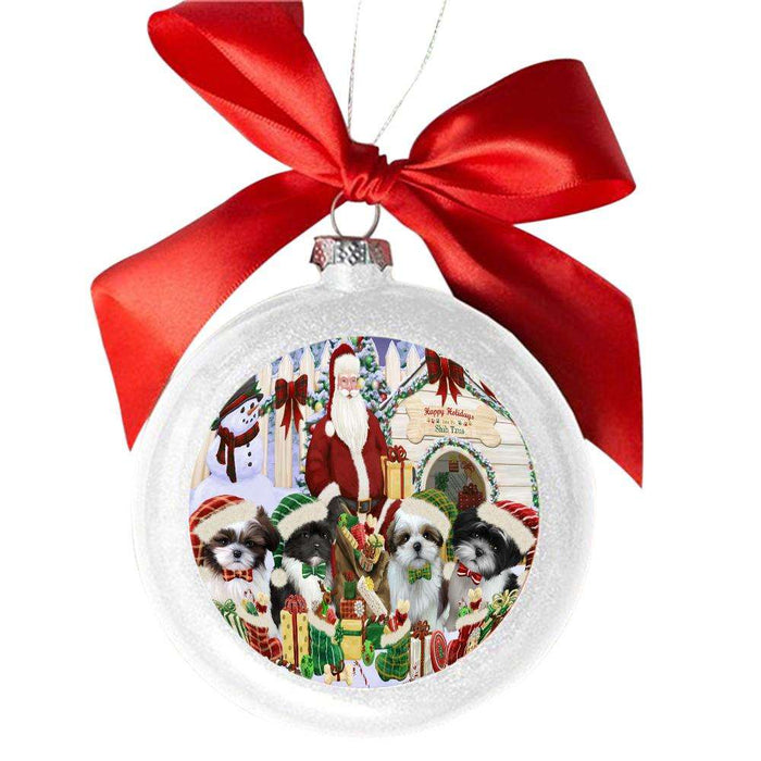 Happy Holidays Christmas Shih Tzus Dog House Gathering White Round Ball Christmas Ornament WBSOR49728