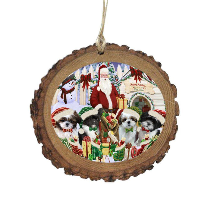 Happy Holidays Christmas Shih Tzus Dog House Gathering Wooden Christmas Ornament WOR49728