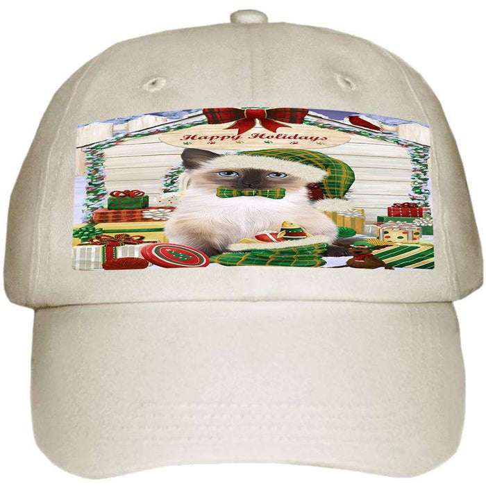 Happy Holidays Christmas Siamese Cat With Presents Ball Hat Cap HAT61779
