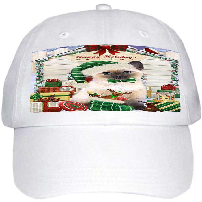 Happy Holidays Christmas Siamese Cat With Presents Ball Hat Cap HAT61782