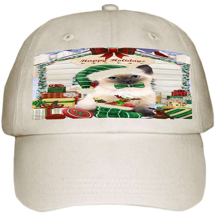 Happy Holidays Christmas Siamese Cat With Presents Ball Hat Cap HAT61782