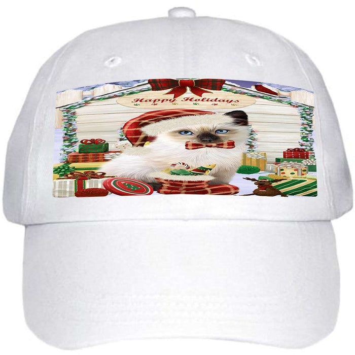 Happy Holidays Christmas Siamese Cat With Presents Ball Hat Cap HAT61785