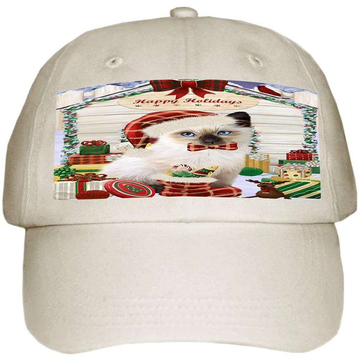Happy Holidays Christmas Siamese Cat With Presents Ball Hat Cap HAT61785