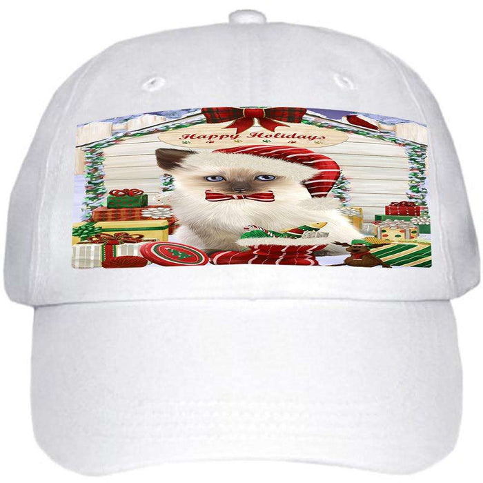 Happy Holidays Christmas Siamese Cat With Presents Ball Hat Cap HAT61788