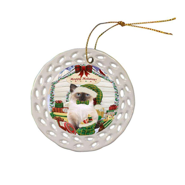 Happy Holidays Christmas Siamese Cat With Presents Ceramic Doily Ornament DPOR52682