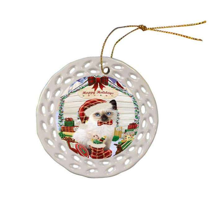 Happy Holidays Christmas Siamese Cat With Presents Ceramic Doily Ornament DPOR52684