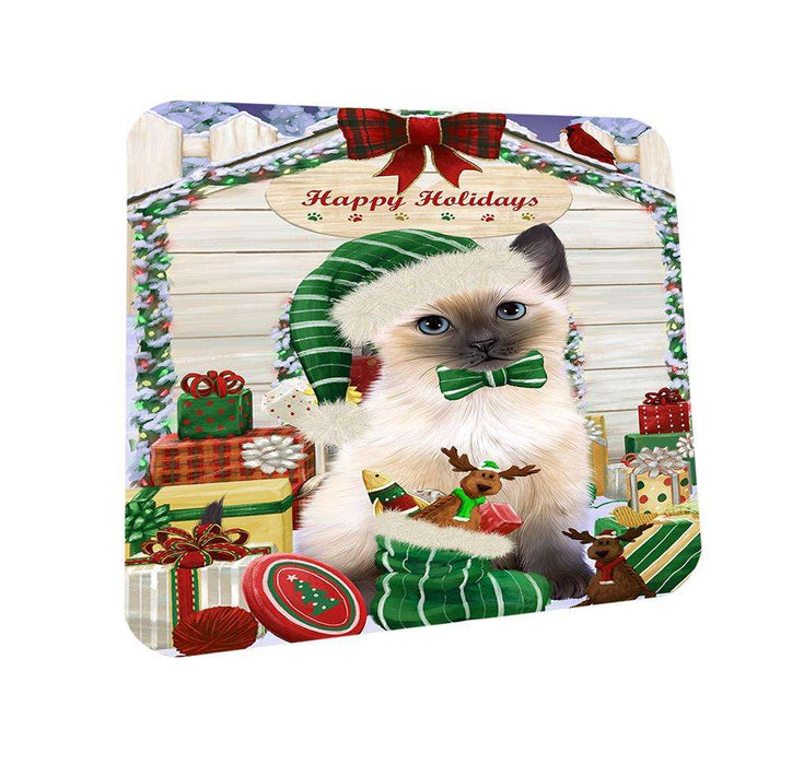 Happy Holidays Christmas Siamese Cat With Presents Coasters Set of 4 CST52642