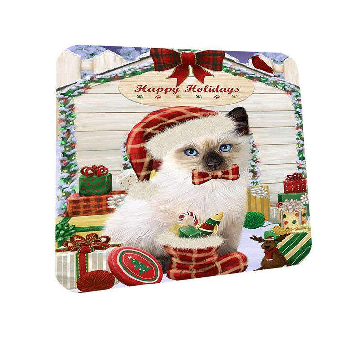 Happy Holidays Christmas Siamese Cat With Presents Coasters Set of 4 CST52643