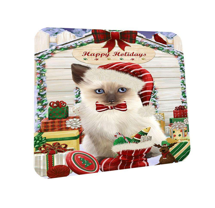 Happy Holidays Christmas Siamese Cat With Presents Coasters Set of 4 CST52644