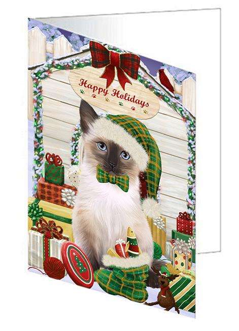 Happy Holidays Christmas Siamese Cat With Presents Handmade Artwork Assorted Pets Greeting Cards and Note Cards with Envelopes for All Occasions and Holiday Seasons GCD62075