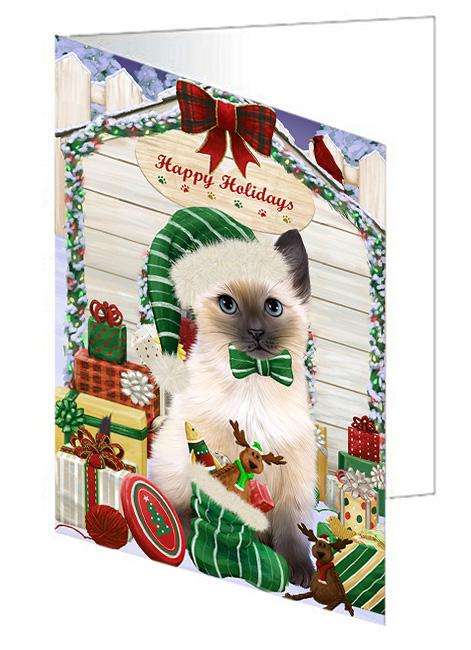 Happy Holidays Christmas Siamese Cat With Presents Handmade Artwork Assorted Pets Greeting Cards and Note Cards with Envelopes for All Occasions and Holiday Seasons GCD62078