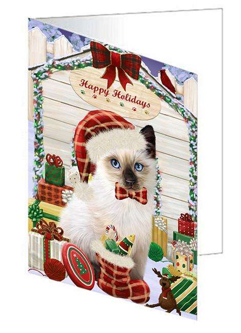 Happy Holidays Christmas Siamese Cat With Presents Handmade Artwork Assorted Pets Greeting Cards and Note Cards with Envelopes for All Occasions and Holiday Seasons GCD62081