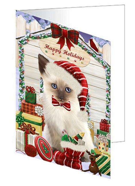 Happy Holidays Christmas Siamese Cat With Presents Handmade Artwork Assorted Pets Greeting Cards and Note Cards with Envelopes for All Occasions and Holiday Seasons GCD62084
