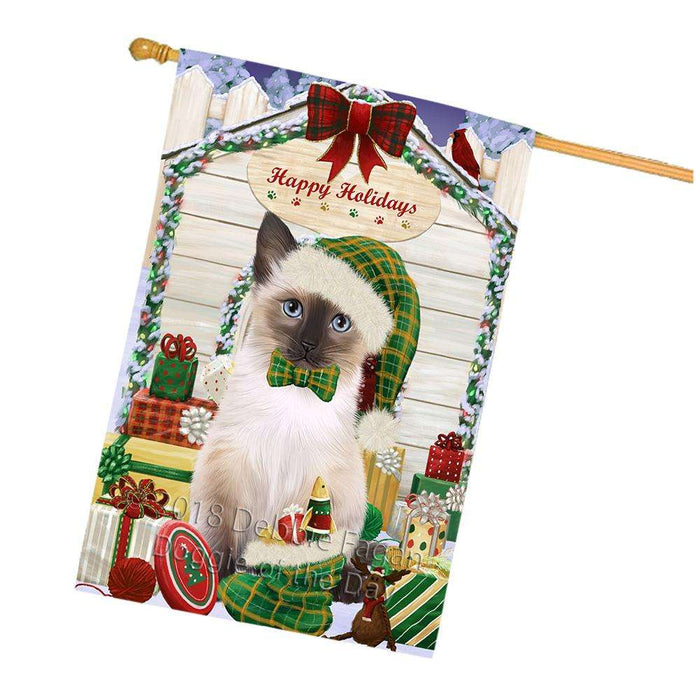 Happy Holidays Christmas Siamese Cat With Presents House Flag FLG52763