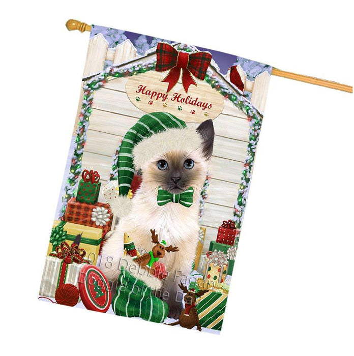Happy Holidays Christmas Siamese Cat With Presents House Flag FLG52764