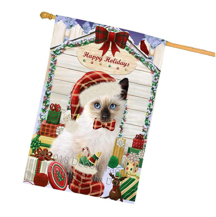 Happy Holidays Christmas Siamese Cat With Presents House Flag FLG52765