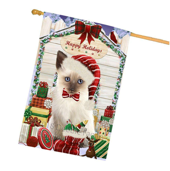 Happy Holidays Christmas Siamese Cat With Presents House Flag FLG52766