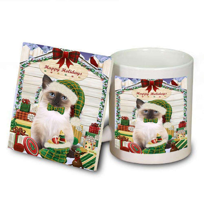 Happy Holidays Christmas Siamese Cat With Presents Mug and Coaster Set MUC52674