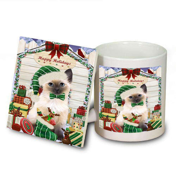 Happy Holidays Christmas Siamese Cat With Presents Mug and Coaster Set MUC52675