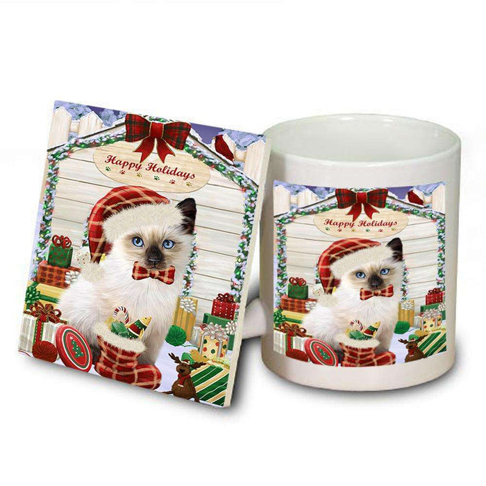Happy Holidays Christmas Siamese Cat With Presents Mug and Coaster Set MUC52676