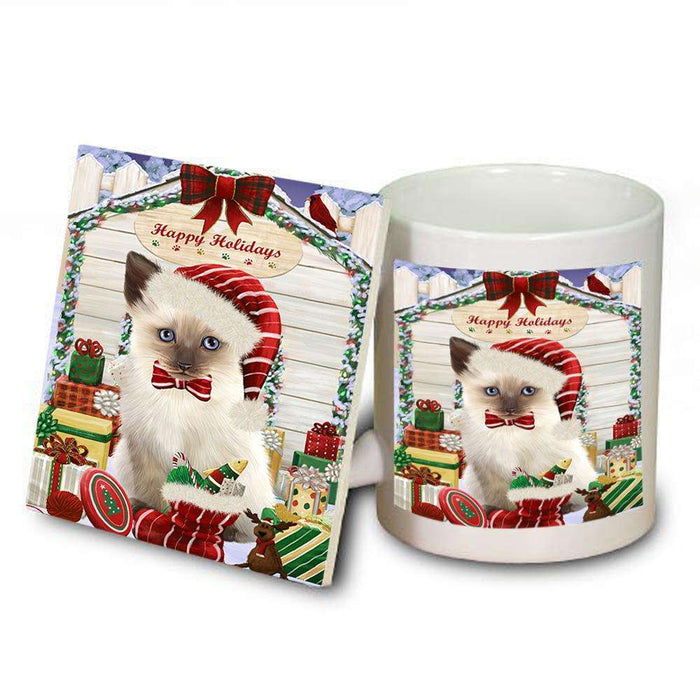 Happy Holidays Christmas Siamese Cat With Presents Mug and Coaster Set MUC52677