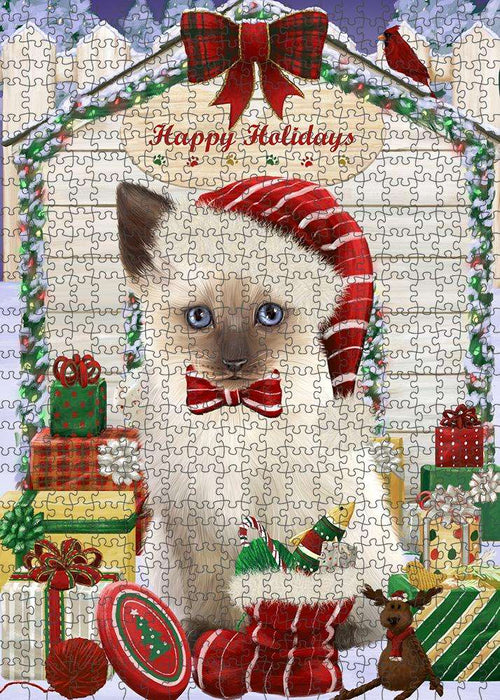 Happy Holidays Christmas Siamese Cat With Presents Puzzle with Photo Tin PUZL61986