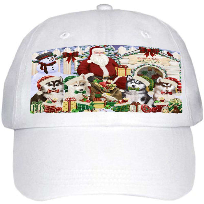 Happy Holidays Christmas Siberian Huskies Dog House Gathering Ball Hat Cap HAT58137