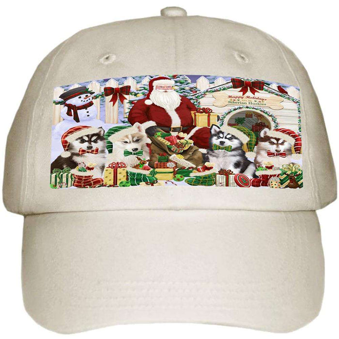Happy Holidays Christmas Siberian Huskies Dog House Gathering Ball Hat Cap HAT58137