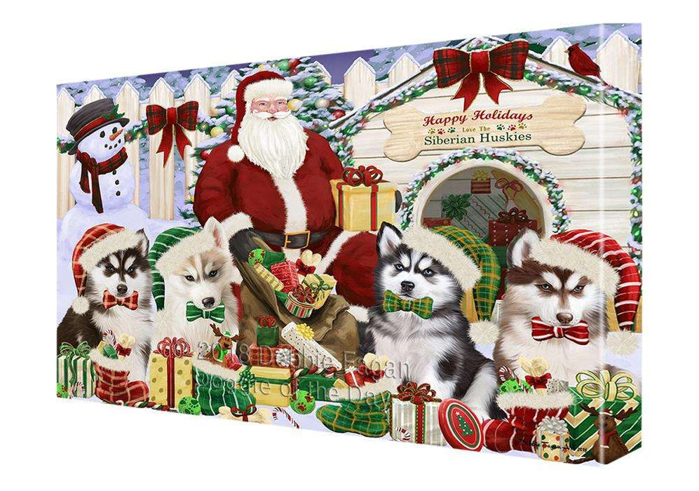 Happy Holidays Christmas Siberian Huskies Dog House Gathering Canvas Print Wall Art Décor CVS80477