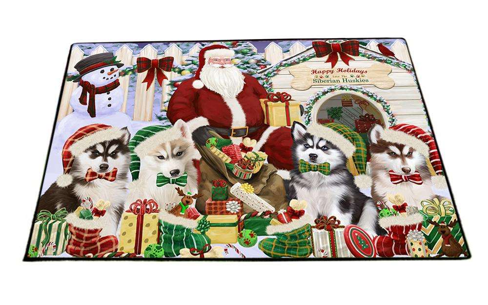 Happy Holidays Christmas Siberian Huskies Dog House Gathering Floormat FLMS51159