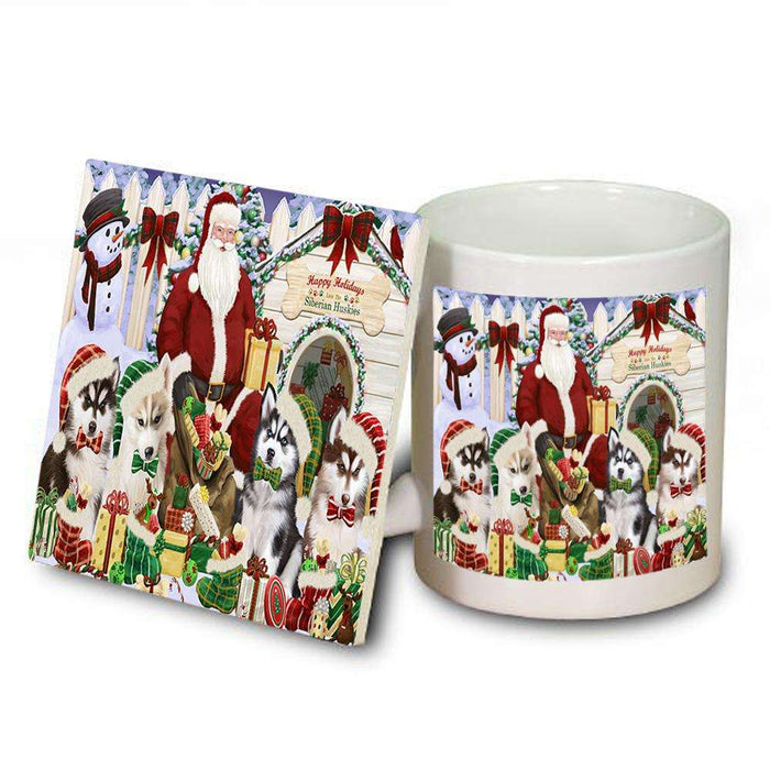 Happy Holidays Christmas Siberian Huskies Dog House Gathering Mug and Coaster Set MUC51460