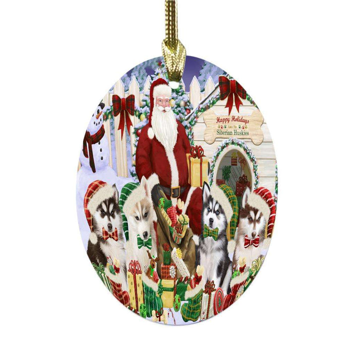Happy Holidays Christmas Siberian Huskies Dog House Gathering Oval Glass Christmas Ornament OGOR49729