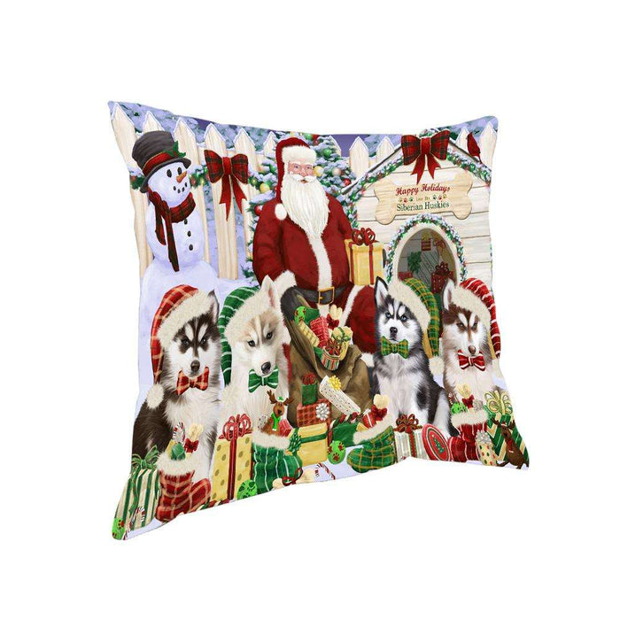Happy Holidays Christmas Siberian Huskies Dog House Gathering Pillow PIL62236