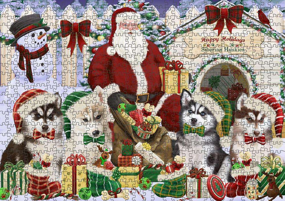 Happy Holidays Christmas Siberian Huskies Dog House Gathering Puzzle with Photo Tin PUZL58491