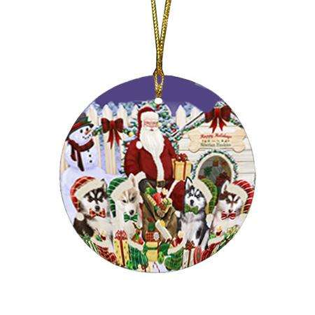 Happy Holidays Christmas Siberian Huskies Dog House Gathering Round Flat Christmas Ornament RFPOR51459