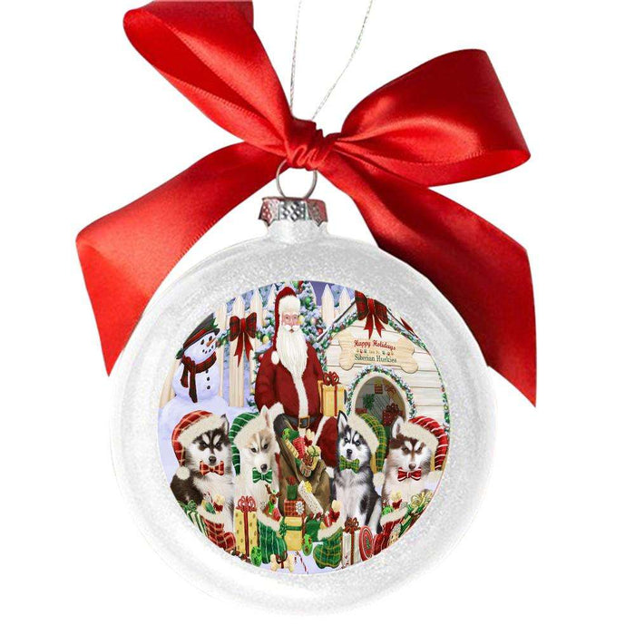 Happy Holidays Christmas Siberian Huskies Dog House Gathering White Round Ball Christmas Ornament WBSOR49729