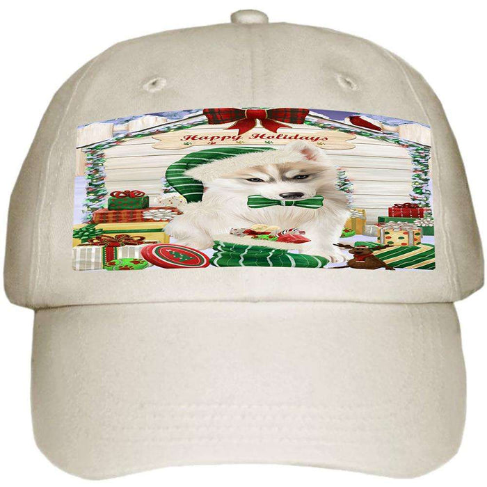 Happy Holidays Christmas Siberian Husky Dog House with Presents Ball Hat Cap HAT58272
