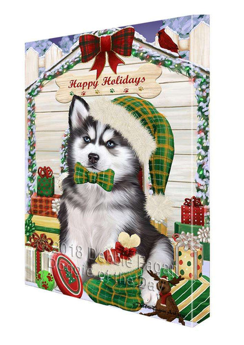 Happy Holidays Christmas Siberian Husky Dog House with Presents Canvas Print Wall Art Décor CVS80873