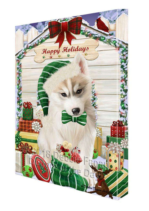 Happy Holidays Christmas Siberian Husky Dog House with Presents Canvas Print Wall Art Décor CVS80882