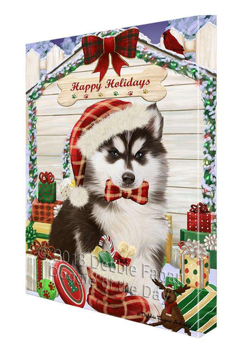 Happy Holidays Christmas Siberian Husky Dog House with Presents Canvas Print Wall Art Décor CVS80891