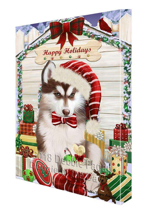 Happy Holidays Christmas Siberian Husky Dog House with Presents Canvas Print Wall Art Décor CVS80900