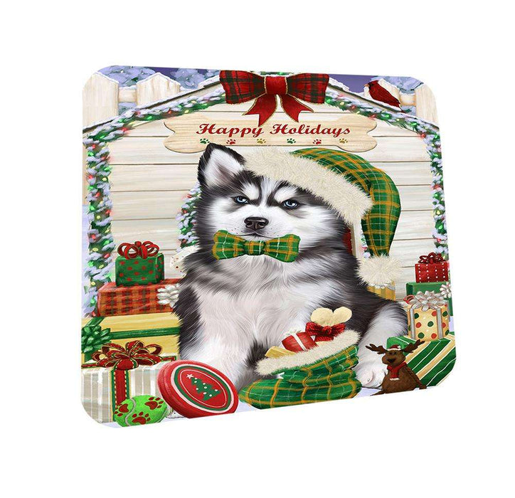 Happy Holidays Christmas Siberian Husky Dog House With Presents Coasters Set of 4 CST51471