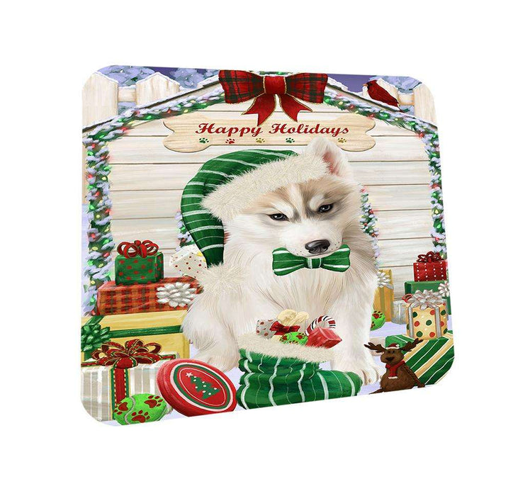Happy Holidays Christmas Siberian Husky Dog House With Presents Coasters Set of 4 CST51472