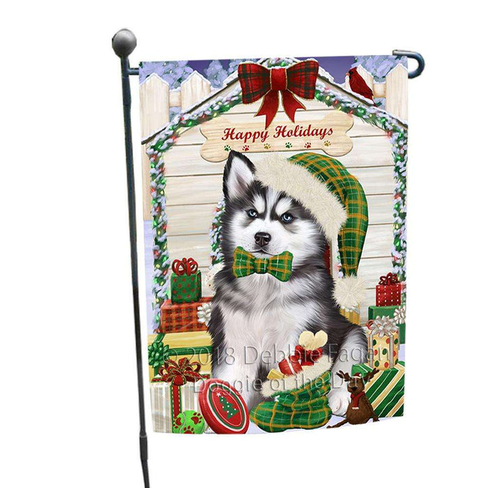 Happy Holidays Christmas Siberian Husky Dog House With Presents Garden Flag GFLG51509