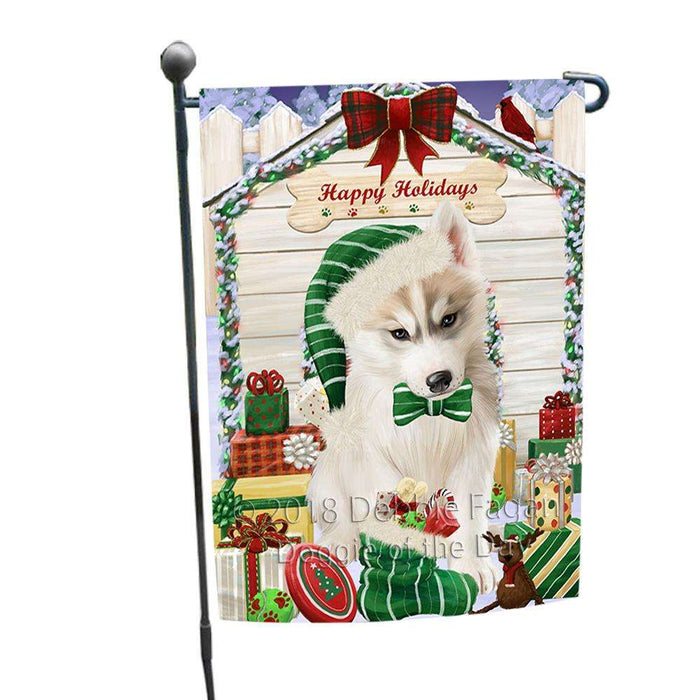 Happy Holidays Christmas Siberian Husky Dog House With Presents Garden Flag GFLG51510